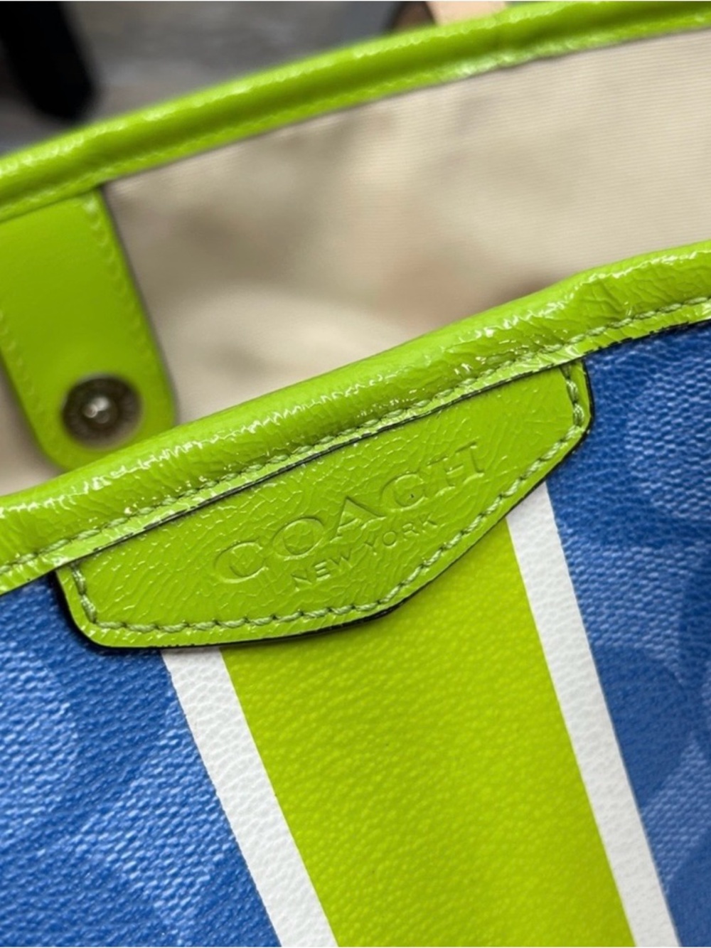 Coach Blue Signature Tote with Lime Center Stripe and Beige Trim - Picture 8 of 14